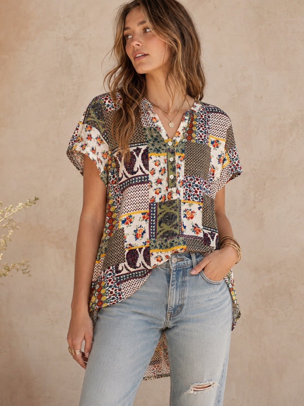 Patchwork Floral Paisley High Low Boho Button Front Blouse